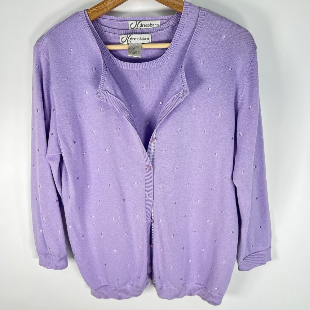 Dressbarn Lavender Purple Cotton Pointelle Polka Dot Cardigan Shell Twin Set M L